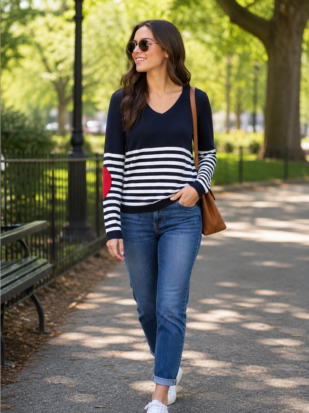 BNWOT Tommy Hilfiger Navy & White Striped V-Neck Sweater w Red Elbow Patches L